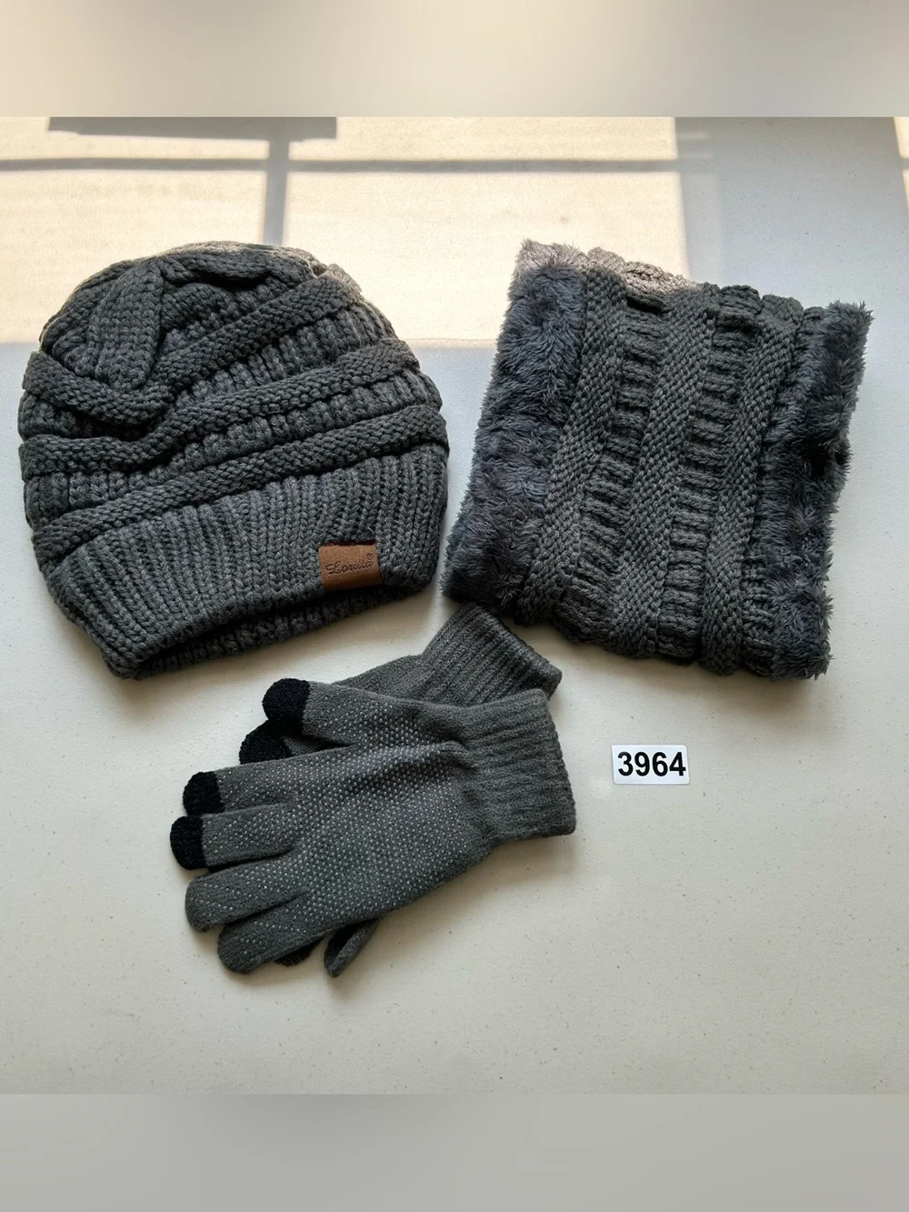 Loritta Gray Winter Beanie Neck Warmer Gloves Set Women's Soft Knit Gift Set